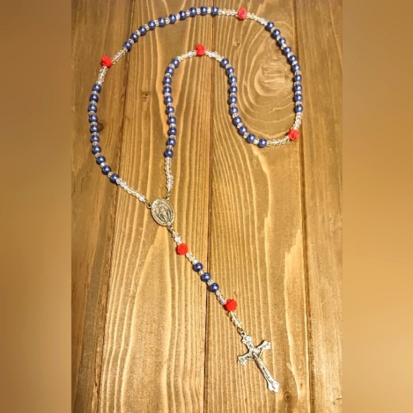 Rosary Necklace made with Blue glass pearls, clear crystals and red Rose beads. - Picture 1 of 2
